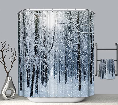 EHOMERY Duschvorhang Rollo Badewanne Duschrollo Ersatzteile Schnee-Szenen-Wald Polyester Grau Rostfreie Ösen Und 12 Hakenringe, 140X180Cm