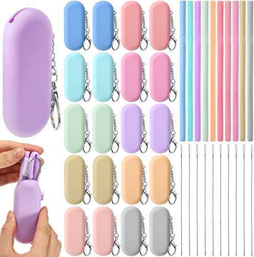 20 Sets Silikon-Trinkhalme mit Etui, wiederverwendbare Trinkhalme, faltbarer Reise-Strohhalm, tragbarer Strohhalm, langer Reinigungsbürste und Schlüsselanhänger, 10 lebendige Farben
