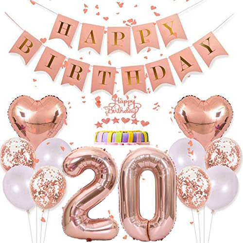 Conruich Deko 20. Geburtstag Frau, Rosegold Tortendeko Geburtstag 20 Jahre Mann, Geburtstagsdeko 20 Jahre, Rosegold Ballon 20 Geburtstags Mädchen, Happy Birthday Banner Deko 20 Geburtstags Frauen