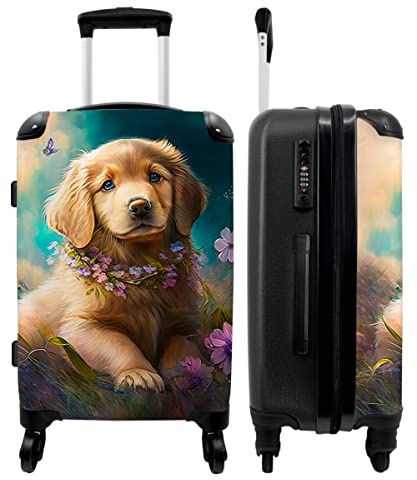 NoBoringSuitcases© Koffer groß Trolley Rollkoffer Reisekoffer mit 4 Rollen | 67x43x25 cm - Fotokoffer - Welpe - Blumenkranz - Schmetterling - Hund - Golden Retriever - 90 Liter