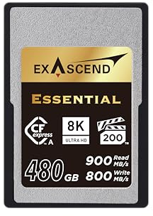 Exascend Essential 480GB CFexpress Type A Memory Card 800MB/s Write 900MB/s Read VPG200 Offering 8K Ultra HD Video CF Card Cinema Quality Compatible Memory for Sony Alpha & FX Cameras