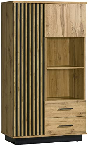 MINIO go for it - Hochregal Lamia, 90x159.2x40 cm, Bücherregal mit Tür, Fächern und Schubladen, Hochschrank mit MDF-Latten, Wohnzimmer, Farbe: Wotan Eiche/Schwarz Matt