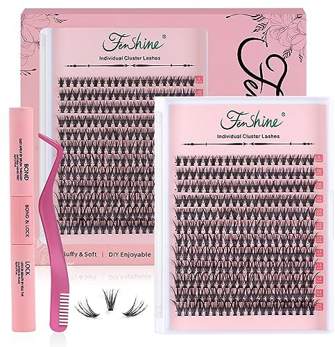 Fenshine Cluster Lashes Individual Lashes Wide Stem C/D Curl 9-15mm Length DIY Eyelash Extension Individual Soft False Lashes for Personal Use at Home (30D Kit, MIX 9-15mm)