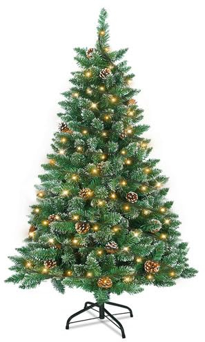YRHome 120cm Künstlicher Weihnachtsbaum mit Beleuchtung Grün PVC mit Schnee-Effekt & Kiefernzapfen LED PVC Christbaum Tannenbaum Dekobaum mit ständer Weihnachtsdeko für Weihnachten Dekoration
