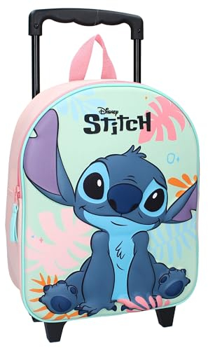 DISNEY STITCH Zaino Trolley con immagine 3D - Zainetto per bambini | Scuola | Asilo - Spallacci imbottiti e regolabili - 2 Ruote e Maniglia Estensibile - 32x26x11cm - Colore Rosa e Azzurro
