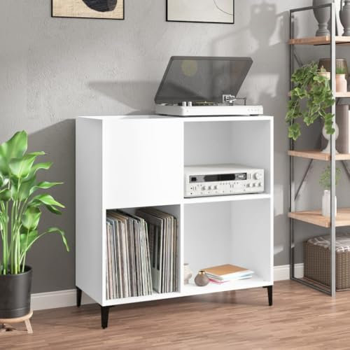 Prissent Mobile Porta Dischi Bianco in Legno Multistrato - Mobiletto TV CD e Vinile 84,5x38x89 cm - Scaffale Multiuso Credenza Soggiorno