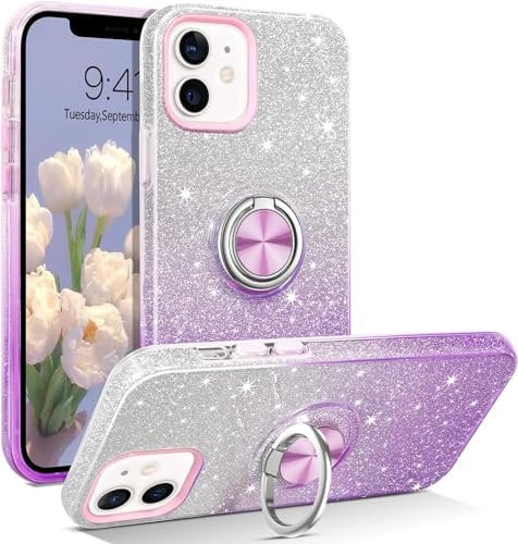 MOBISTAR® Bling Glitter Case for iPhone 12 / iPhone 12 Pro - 6.1'' - Sparkly Slim with 360° Ring Holder Kickstand Support Magnetic Car Mount Protective Cover (Purple)