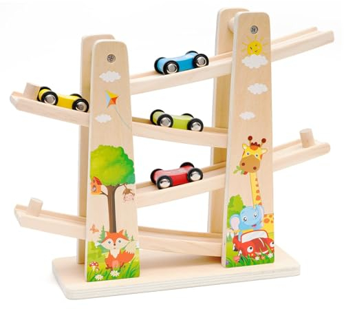 Jouets de Rampe de Voiture en Bois avec 4 Voitures Rampe de Course en Bois Toboggan de Voiture Zig Zag Voiture Rampe Jouet en Bois pour 1 2 Ans Cadeaux