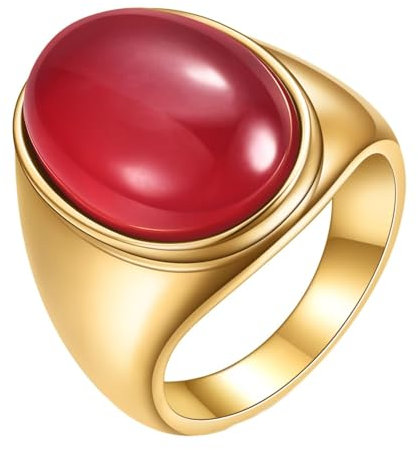Mesnt Damen Ringe Edelstahl, 23MM großer ovaler Stein Punk Stil Zeigefinger Ring aus 316L Edelstahl für Unisex Gold Rot, Größe 54 (17.2)