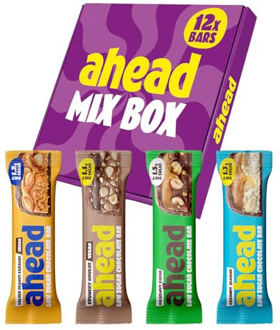 AHEAD Schokoriegel Probierpaket 2.0 |12x Keto Riegel – max. 1,7g Zucker* & 6g Net Carbs Pro Riegel | Low carb Süßigkeiten | Schokolade ohne Zuckerzusatz | Keto Schokolade