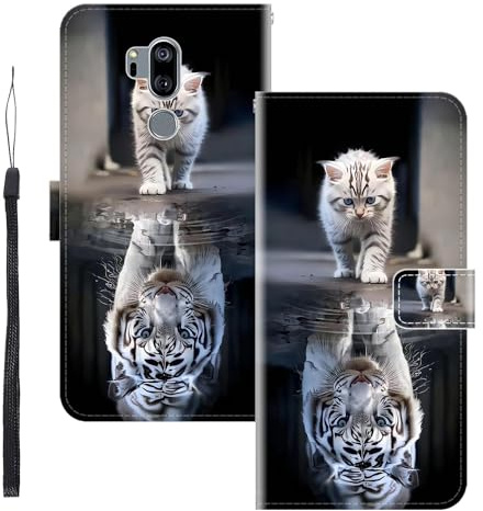 WUACYEAMING für LG G7 ThinQ Hülle Premium PU Leder Flip Klappbare Stoßfeste Magnetische Schutzhülle Tasche mit Kartenfach Geld Slot Ständer Tiger-Katze