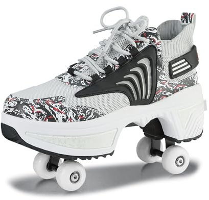 Schuhe mit Rollen für Jungen Mädchen, Rollschuhe mit 4 Einziehbaren Rädern, 2-in-1 Rollschuhen und Sneakers, Roller Skate Shoes für Kinder Teenager (Schwarz, 35)