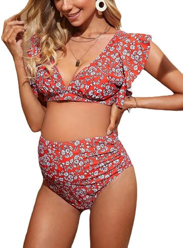 QWLKOY Maillots de bain de maternité 2 pièces pour femme - Bikini de grossesse - Imprimé - Maillot de bain à volants - Tankini taille haute, Imprimé rouge, L
