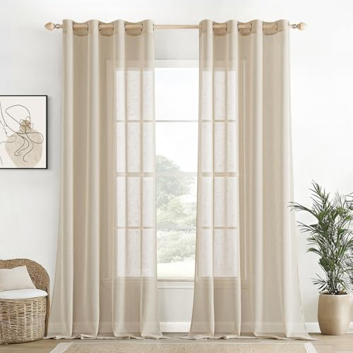 EMEMA Voile Vorhang Sheer Leinenvorhang Transparente Leinen Gardinen Ösenschal Wohnzimmer Wohnzimmer Modern 2er Set Fensterschal Dekoschal Schlafzimmer mit Ösen 140 x 225cm (B x H) Beige
