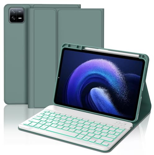 JADEMALL Coque Clavier pour Xiaomi Pad 6/6 Pro 11 Pouces 2023, AZERTY Clavier Bluetooth Rétro-éclairé Amovible Magnétique pour Tablette Xiaomi Pad 6/6 Pro, Vert foncé