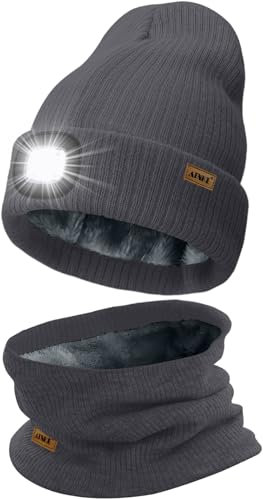 ATNKE LED Mütze mit Licht und Schal Set, Wiederaufladbare USB 4 LED Beleuchtete Laufmütze Winter Warme Gefütterte Fleece Halsschlauch und Stricken Mütze für Herren und Damen Geschenke/Noble Gray