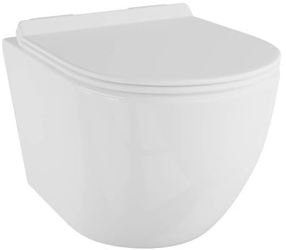 Eridanus Compact Wall Hung Toilet Bathrooms, Ceramic Rimless Design with Integrated WC Pan and Quick Release Soft Close Seat, Glossy White - 490 x 360 x 360mm