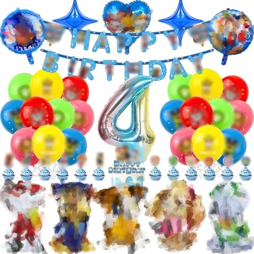 4 Years Party Decorations,57 PCS Dog Birthday Decorations Cartoon Theme Supplies for Kids 11PCS Foil Balloons included Cake Toppers, Birthday Banner Kids' Party Balloons