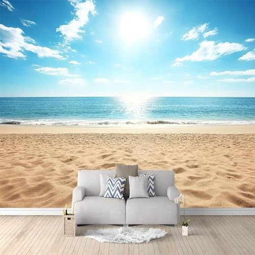 Papier Peint Mural 3D Plage Paysage Marin Bleu 200x140 cm Papier Peint Panoramique Poster Tapisserie Photo, Papier Peint intissé pour Chambre Salon Personnalisé Murale Décoration