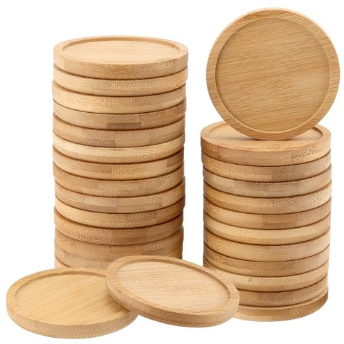 KEILEOHO Lot de 30 Dessous de Verre en Bambou Rond, 8 cm, sous Verress Rond en Bambou pour Tasses à Café, Verres de Bière, Pots de Fleurs, Bougies