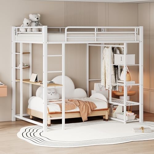 Merax Hochbett aus Metall, 140 x 200 cm, mit Schreibtisch, einfacher Kleiderschrank, und Regal, multifunktionales Hochbett für 1 Platz mit Treppe, Weiß (ohne Matratze)