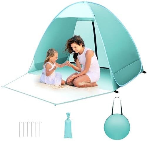 Pop up Strandmuschel, 2-3 Personen Familie Zelt UV Schutz UPF 50+ Strandzelt Wurfzelt mit Reißverschluss Hintertür, Vordertür mit Schnallen Kleines Packmaß für Sonnenschutz Strand, Garten
