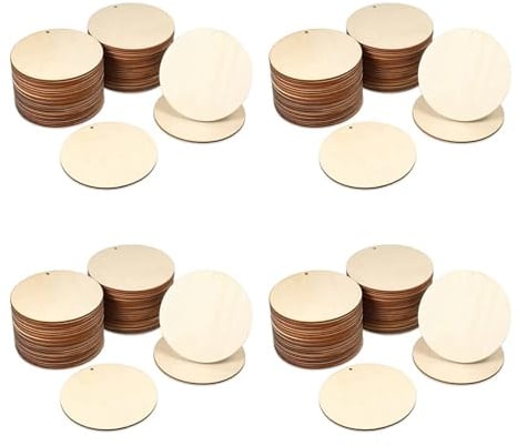 Kznifmk 200 Pieces Wood Circles Unfinished Round Cutouts Pre-Drilled Tags Slices Blank Wooden Discs with Holes Pendants (4 Inch)