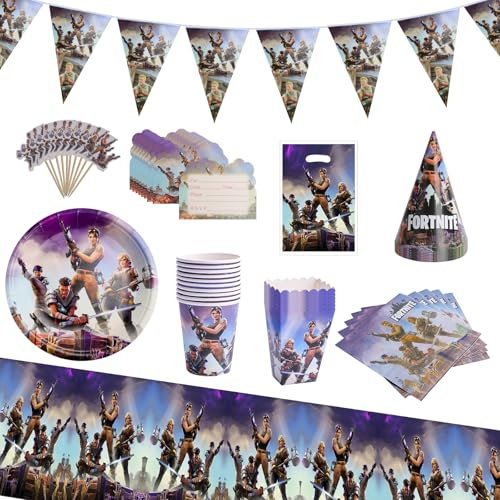 Herenear 97Pièces Thème de Jeu Fournitures de Fête d'anniversaire Set, Thème de Jeu Accessoires de Fêtes Ensemble