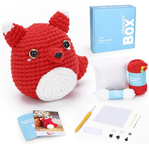 CrochetBox CROCHET BOX Komplettes Häkelset für Anfänger, Rotfuchs Häkelset, Video-Tutorial einbeziehen, Anleitung, Weiches Garn