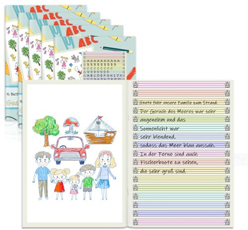 jiawaggag 5 StückGeschichtenheft 2. Klasse Din A4 2G Schreibheft Lineatur 2 Farbig Liniert für Schreiben und Malen 16 Blatt 80 g/qm