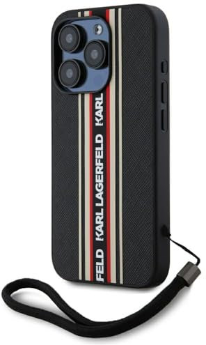 CG MOBILE Karl Lagerfeld Saffiano Athleisure Stripes Cord für iPhone 15 Pro (Schwarz)