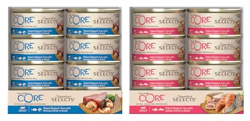 Wellness CORE Signature Selects Fisch-Bündel, 48 x 79g, Flaked Bonito & Garnelen, Flaked Bonito & Lachs, Nassfutter für ausgewachsene Katzen in Brühe, ohne Zuckerzusatz, getreidefrei, mit hohem Fleisc