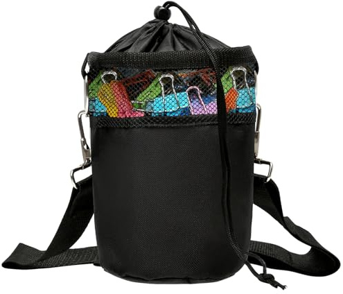 TENTHPEO Peg Bag for Washing Line with 2 Hanging Clips and Shoulder Strap | Black Peg Storage Bag, Holds 100–200 Standard Pegs, Drawstring Closure and Breathable Mesh, Clothes Pegs Not Included