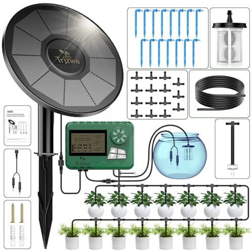 TRJZWA Irrigazione Automatico Solare con Timer di Irrigazione 2024 L'ultima Versione del Kit di Irrigazione Solare per Vasi,Giardino,Balcone con 15m Tubo di Irrigazione,15 Gocciolatori per Irrigazione