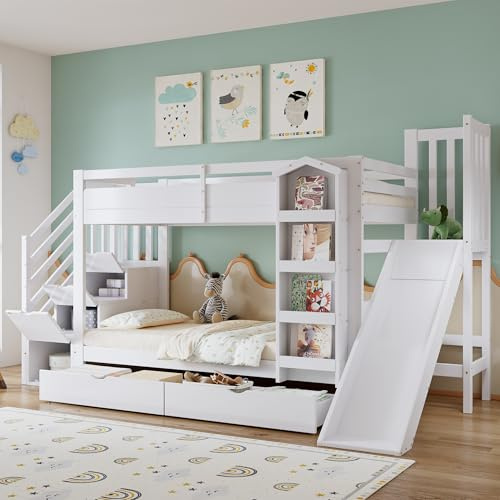 Kinderbett Etagenbett 90x200, Hochbett Jugendbett mit Rutsche&Bilderbuchregal&2 Schubladen&Stauraumtreppe, Stockbett Holzbett Doppelbett mit Lattenrost&Rausfallschutz, Kiefer, Ohne Matratze, Weiß