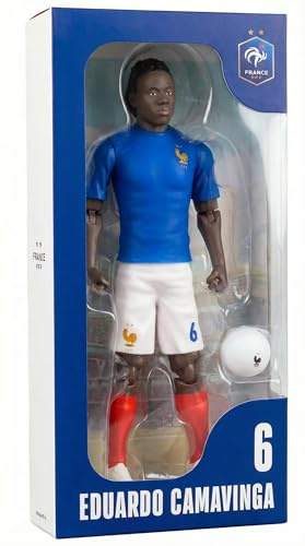 Megableu Fußballfigur Camavinga FFF – realistisch und beweglich, 20 cm | Offizielles FFF-Lizenzprodukt ab 8 Jahren – 10 Gelenkpunkte, steht aufrecht und trägt das Outfit der Bleus mit der Nummer 6