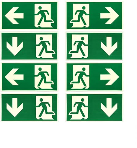 Set di 8 segnali di uscita di emergenza fotoluminescenti, 30 x 15 cm, cartelli di evacuazione autoadesivi in PVC, freccia sinistra e destra, per porta, parete, ufficio, hotel, magazzino