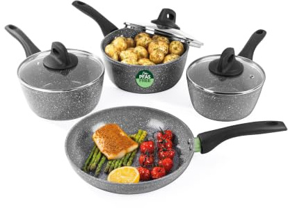 Salter Go Green Thermo Collar Cookware Set, 4 Piece Ceramic Non-Stick | 16/18/20 Cm Saucepans With Lids, 24 Cm Frying Pan, Induction Hob Suitable, Forged Aluminium Body, Soft Touch Handles