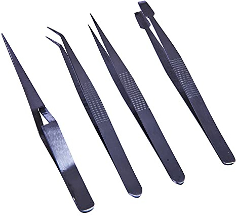 Amtech R0382 Tweezer Set, Angled and Curved Tweezers for Crafting and Jewellery Repairs, 4 Pieces