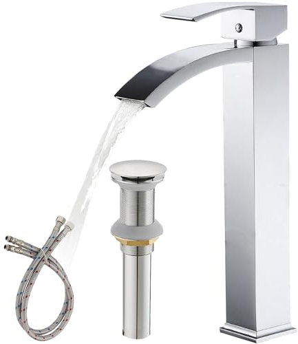 Greenspring Wasserfall-Badezimmerarmaturen, verchromter Wasserhahn, hoher Auslauf, Einloch-Badezimmerarmaturen, moderne Wasserhähne mit Pop-Up-Ablaufgarnitur und ohne