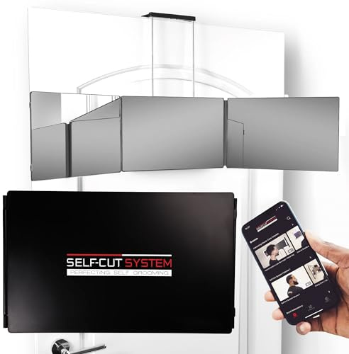 SELF-CUT SYSTEM - Version portable - Miroir à trois voies pour couper les cheveux avec crochets télescopiques réglables en hauteur et application mobile éducative