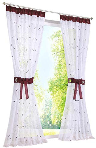 LiYa 1 Stück Gardine mit Stickerei Design Vorhang Transparent Voile Vorhänge (BxH 140x245cm, Beere mit Kräuselband)