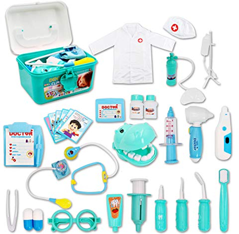 deAO deAOKinder-Rollenspielset für Zahnärzte, Chirurgen und Tierärzte, 30 Teile mit Licht und Ton, einschließlich elektronischem Stethoskop, Laborkappe und medizinischen Spielgeräten (Blau