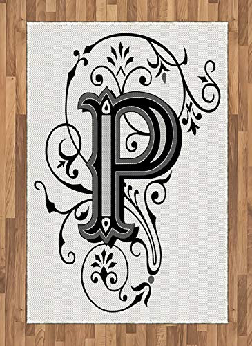 ABAKUHAUS Buchstabe P Teppich, Blumenessenz Initial, Deko-Teppich Digitaldruck, Färben mit langfristigen Halt, 120 x 180 cm, Weiß Schwarz Grau