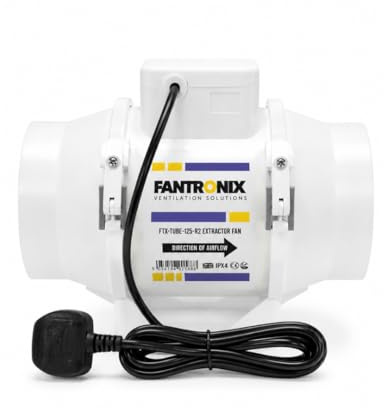 Fantronix 125 mm (5 Inch) Inline Extractor Fan with UK Plug | Suitable For Bathrooms, Grow Rooms And General Ducted Ventilation; Energy Class E.