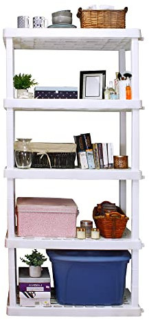 Oskar Aufbewahrungsregale – Badezimmer-Wand-Organizer, Kinderzimmer, Spielzeug, Bücherregal, kein Bohren, strapazierfähig, Küchenschrank, Garage, Outdoor, 5 Etagen, stapelbares Kunststoffregal, weiß