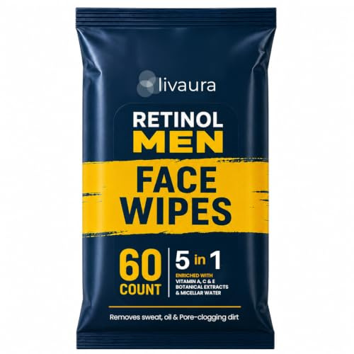 LIVAURA Retinol Men Facial Wipes Anti-Aging Cleansing Towelettes - Quickly cleanse face from sweat, oil and pore-clogging dirt without any heavy residue (60 Count (Pack of 1))