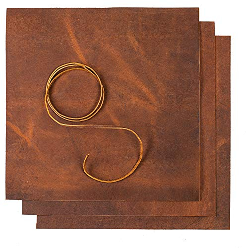 Wanderings Braune Lederzuschnitte | Drei 30 x 30 cm Quadrate und eine 91 cm Lederschnur | Echtes Vollnarben-Büffelleder | Ideal zum Basteln, Prägen und für Lederarbeiten