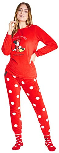 Disney Pigiama Donna Invernale in Pile con Calze Stitch Topolino Minnie Baby Yoda (Rosso Minnie, M)