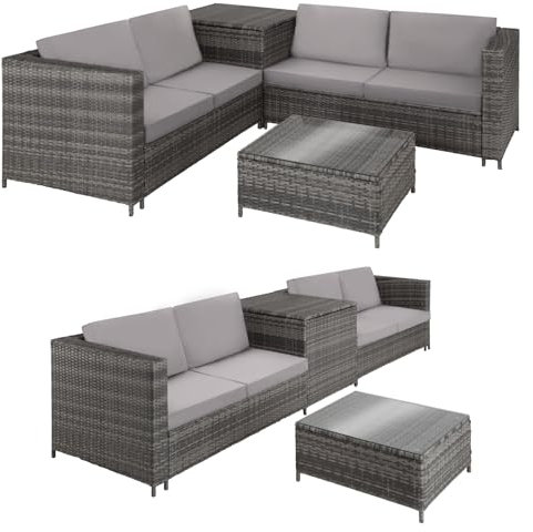 TecTake® Rattan Garden Furniture Set, 2 Sofas with Extra Thick Cushions, Table with Glass Top and Garden Storage Box, Garden furniture for Patio, Garden, Balcony, outdoor furniture - grey/light grey